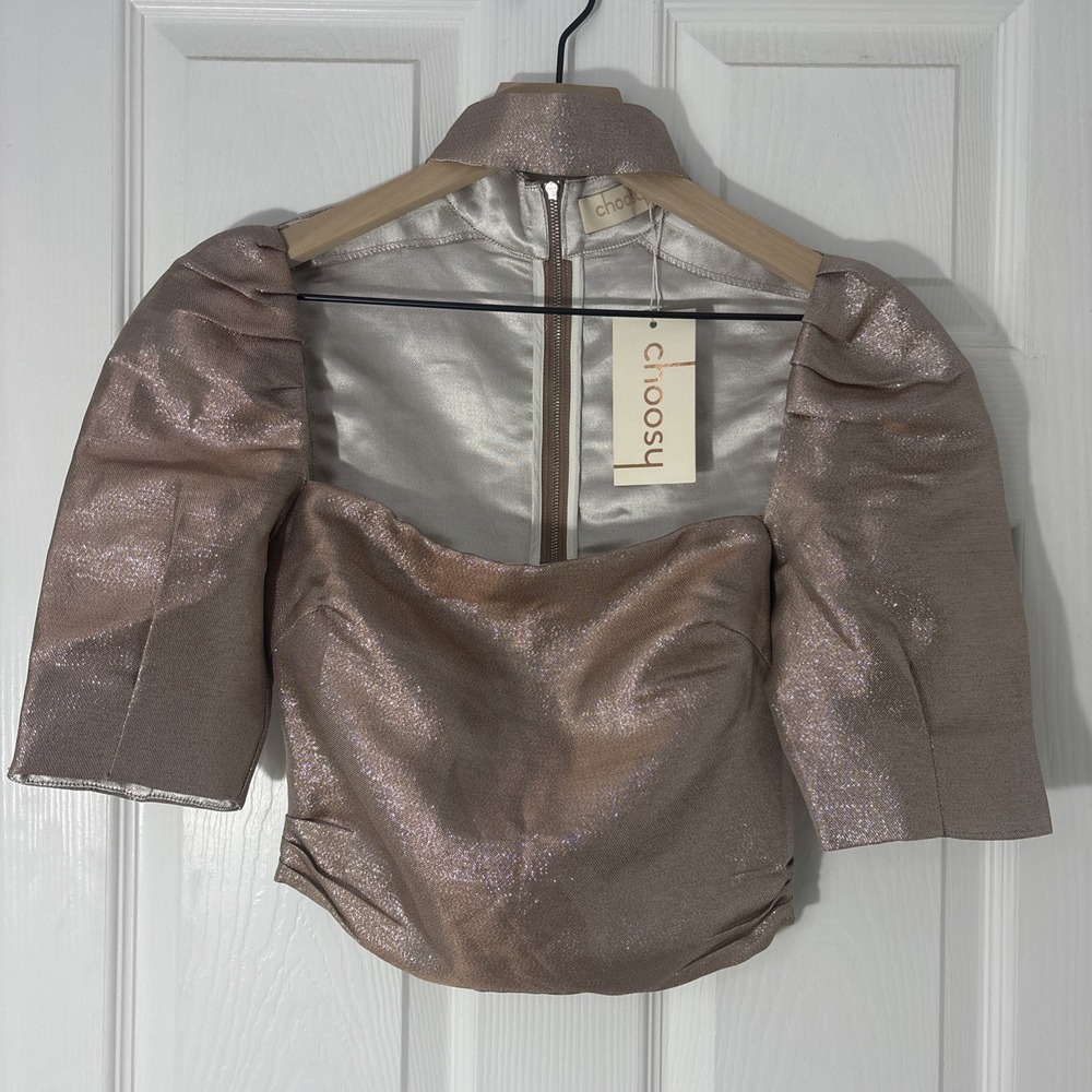 NWT Choosy Puff Sleeve Crop Top Mock Neck Cut Out Blouse Lurex Glitter Size 0